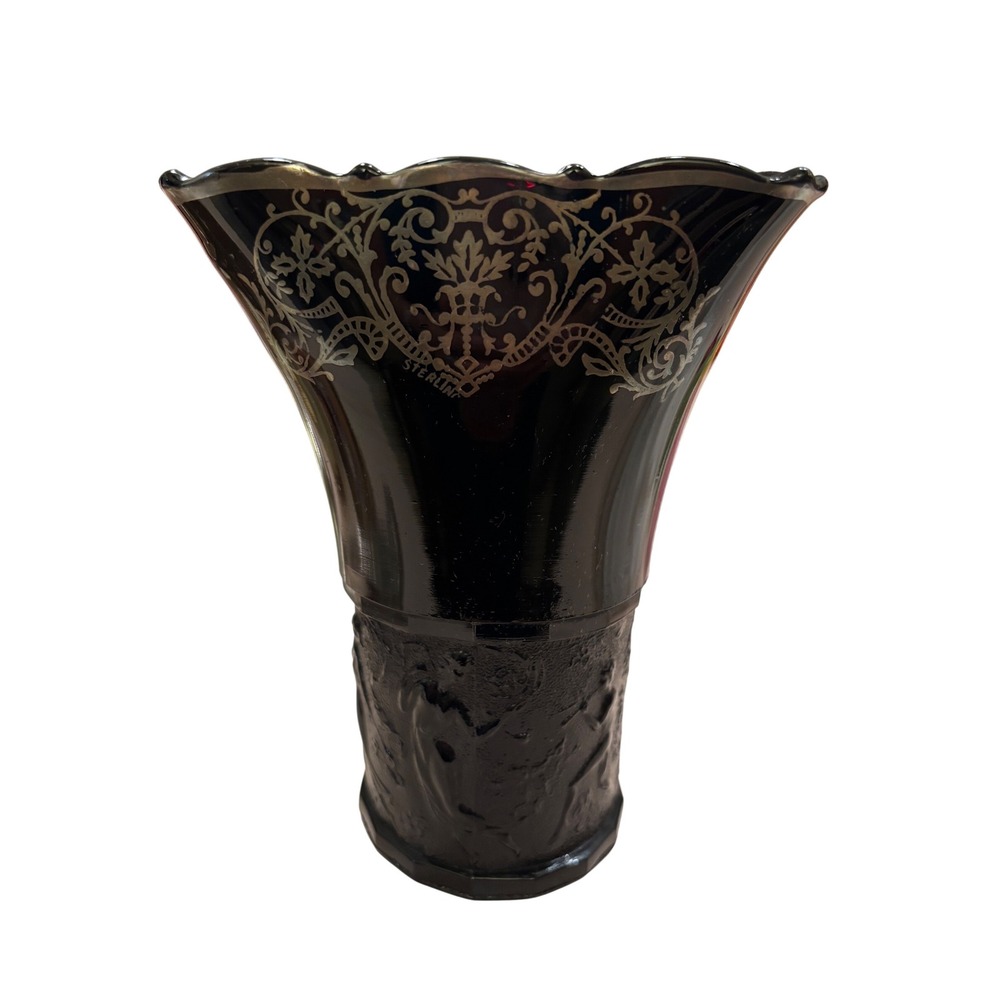 Vintage Black Sterling‎ Overlay Art Glass Vase Decorative Tabletop Accent